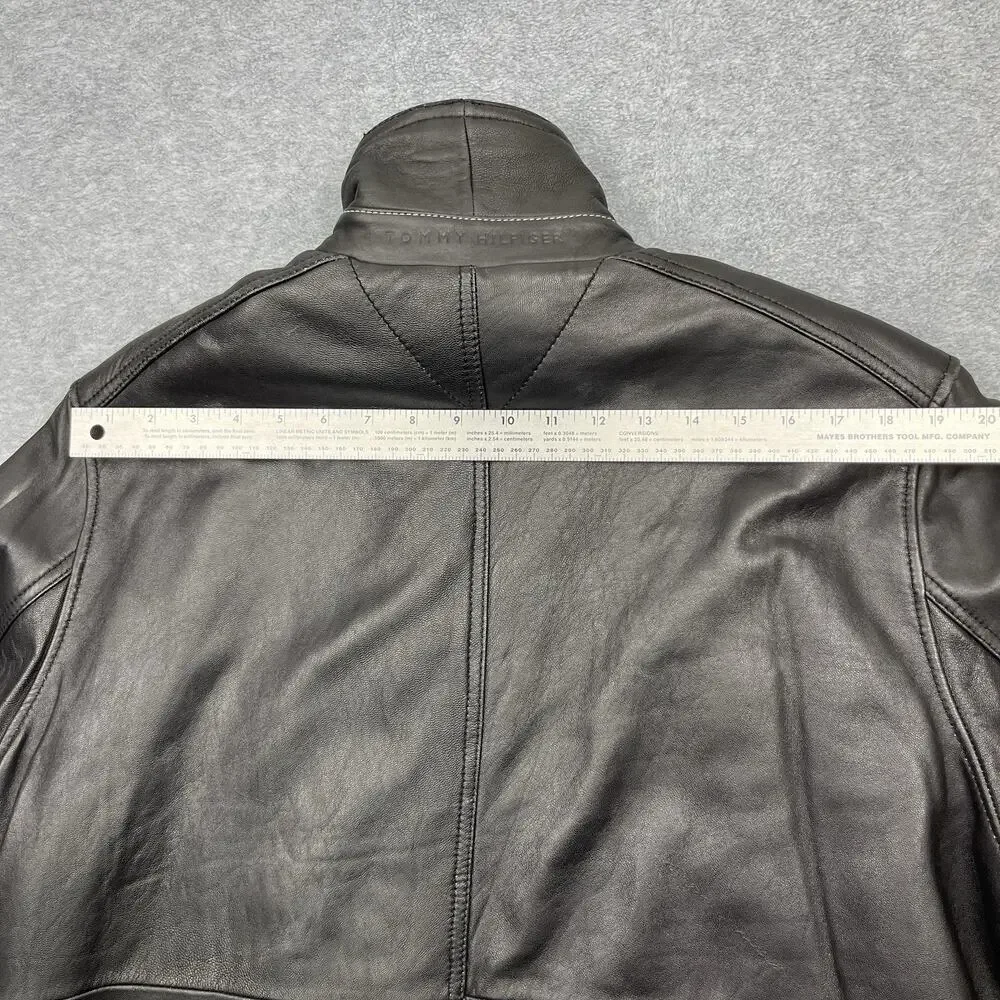 Vintage Men's Tommy Hilfiger Black Leather Bomber Jacket Zip Front Lined XL